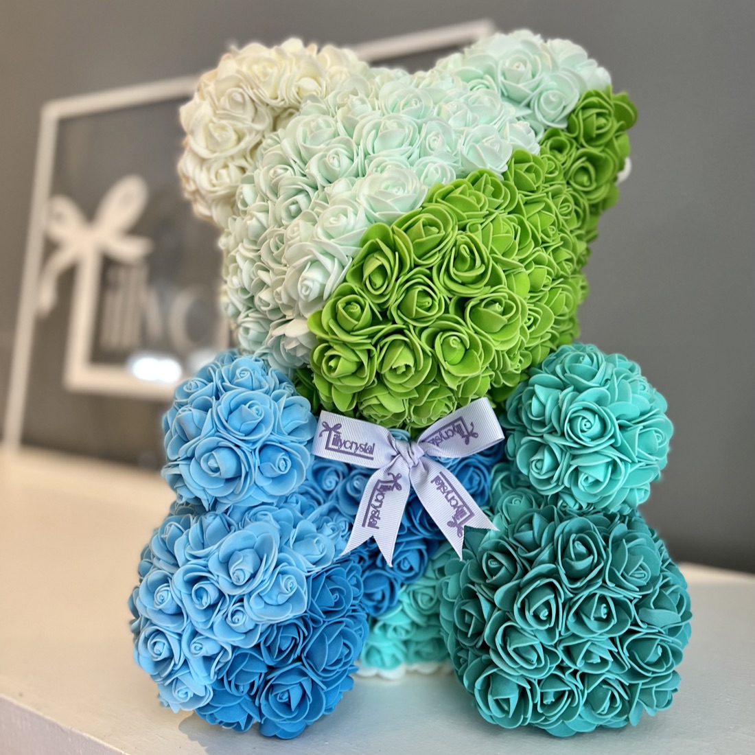Green & Blue Candy Stripe Rose Teddy Bear - Image 2