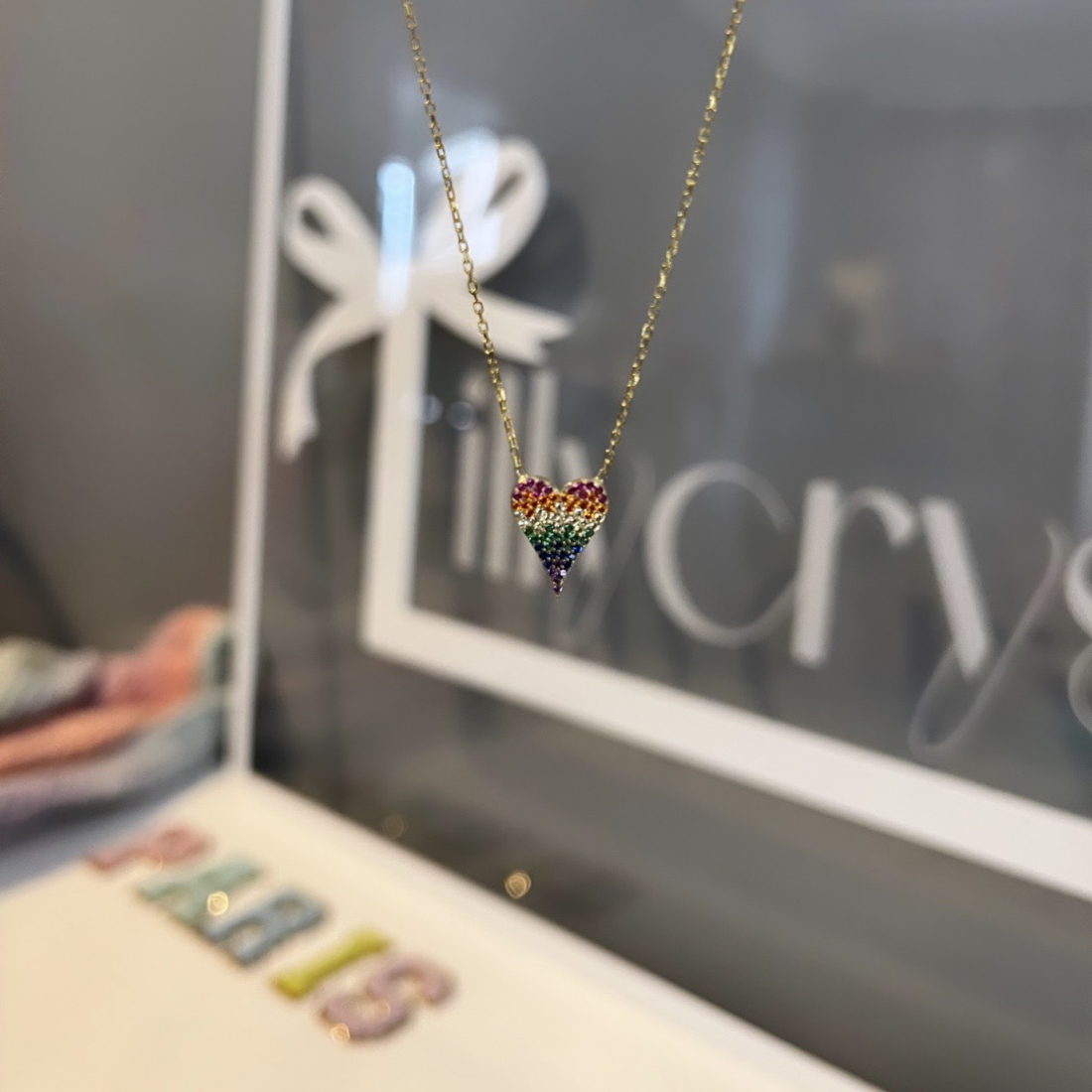 Rainbow ombré pave heart necklace (small)